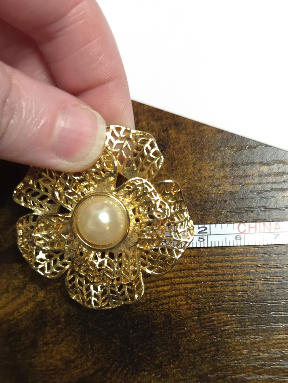 Vintage Gold Plated Open Metal Work Flower Petal & Faux Pearl Brooch